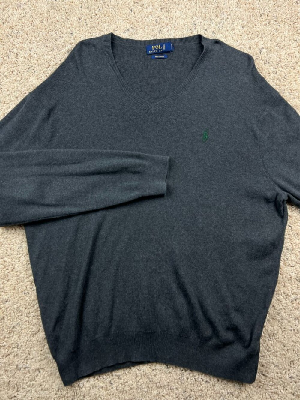 Polo Ralph Lauren Sweater Mens Large V-Neck Gray Long Sleeve Pullover Pony Logo